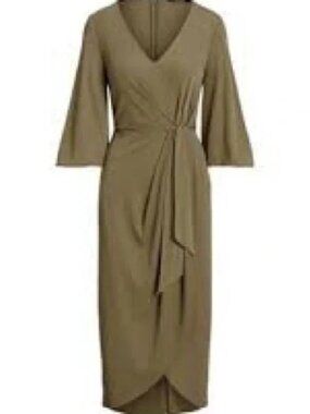 Lauren By Ralph Lauren Olive Stretch Jersey Tie Front Dress Midi NWT Size 16P